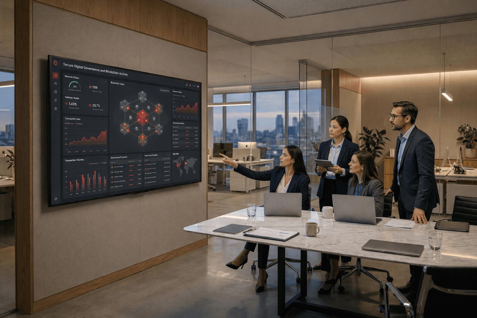 Illustration representing digital governance dashboards and secure records